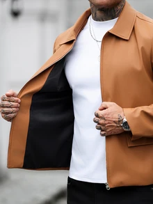 HUEFORM Men's Old Money Lined Premium Matte Leather Caramel Camel Turn-Down Collar Short Structured Casual Jacket - Camel - View 4