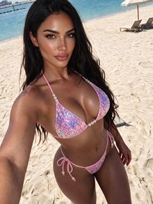 SHEIN Swim 2pcs/Set Women's Sexy Beaded & Sequin Decorated Spaghetti Strap Halter Bikini Swimwear Set, Suitable For Spring/Summer Beach - Pink - View 6