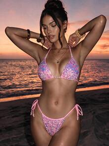 SHEIN Swim 2pcs/Set Women's Sexy Beaded & Sequin Decorated Spaghetti Strap Halter Bikini Swimwear Set, Suitable For Spring/Summer Beach - Pink - View 8