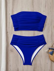 SHEIN Swim Women's Solid Color Bandeau Ruched Bikini Set - Royal Blue - View 3