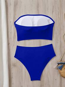 SHEIN Swim Women's Solid Color Bandeau Ruched Bikini Set - Royal Blue - View 2