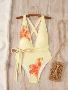 SHEIN Swim Women's Floral Print Halter One-Piece Swimsuit, Suitable For Beach Vacation, Pool Party, Beach Party - Multicolor - View 5