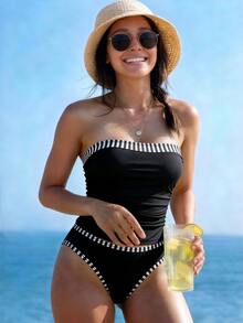SHEIN Swim 女士黑色豹纹拼接吊带上衣和三角泳裤，夏季沙滩吊带背心和比基尼两件套 - 黑與白 - 查看 3