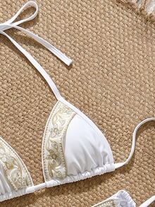 Swim Vcay Spring/Summer Sun Beach 2 Pieces Swimsuit Set, Solid Color With Sequin Embroidery, Woven Strap, Spaghetti Strap, Halter Neck, Side Tie Triangle Bikini Bottom, Women's Swimwear - Beige - View 4