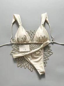 SHEIN Swim Conjunto de bikini de baño de verano para mujer de unicolor y fruncido, sexy - Albaricoque - Ver 1