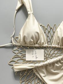 SHEIN Swim Conjunto de bikini de baño de verano para mujer de unicolor y fruncido, sexy - Albaricoque - Ver 4
