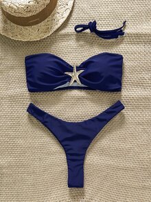 SHEIN Swim Fabric Blue Plain High Cut Bikini For Women With Starfish Accent - Blue - View 4