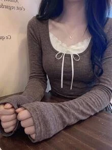 DAZY Women's Patchwork Contrast Color 2 In 1 Ruched Drawstring Long Sleeve Square Neck Sexy Vacation Casual Spring Autumn T-Shirt - Grey - View 1