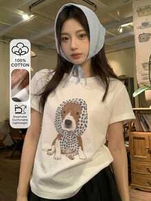 DAZY 女款卡通小狗印花圓領短袖T恤，韓系春夏圖案上衣可愛上衣 - 白色 - 查看 2