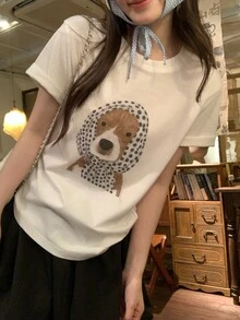 DAZY 女款卡通小狗印花圓領短袖T恤，韓系春夏圖案上衣可愛上衣 - 白色 - 查看 8