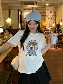 DAZY 女款卡通小狗印花圓領短袖T恤，韓系春夏圖案上衣可愛上衣 - 白色 - 查看 4