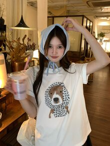 DAZY 女款卡通小狗印花圓領短袖T恤，韓系春夏圖案上衣可愛上衣 - 白色 - 查看 7