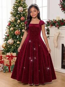 SHEIN Tween Girl Tween Girl Autumn/Winter Christmas Glitter Velvet Pink Elegant Sleeveless Wide Strap Cinched Waist Pleated Full Skirt Long Dress, Christmas Party Dress Robe, Autumn Hive Red Skirt - Red - View 4