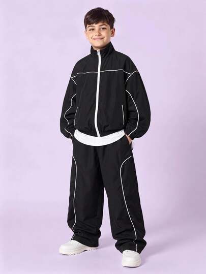 SHEIN 2pcs Kids Tween Boy Casual Sports Pattern Colorblock Stand Collar Jacket & Black Pants Set, Suitable For Fall/Autumn, School, Family Gathering, Vacation, Party, Fall Outfit, Winter Outfit, Boys Outfit Set