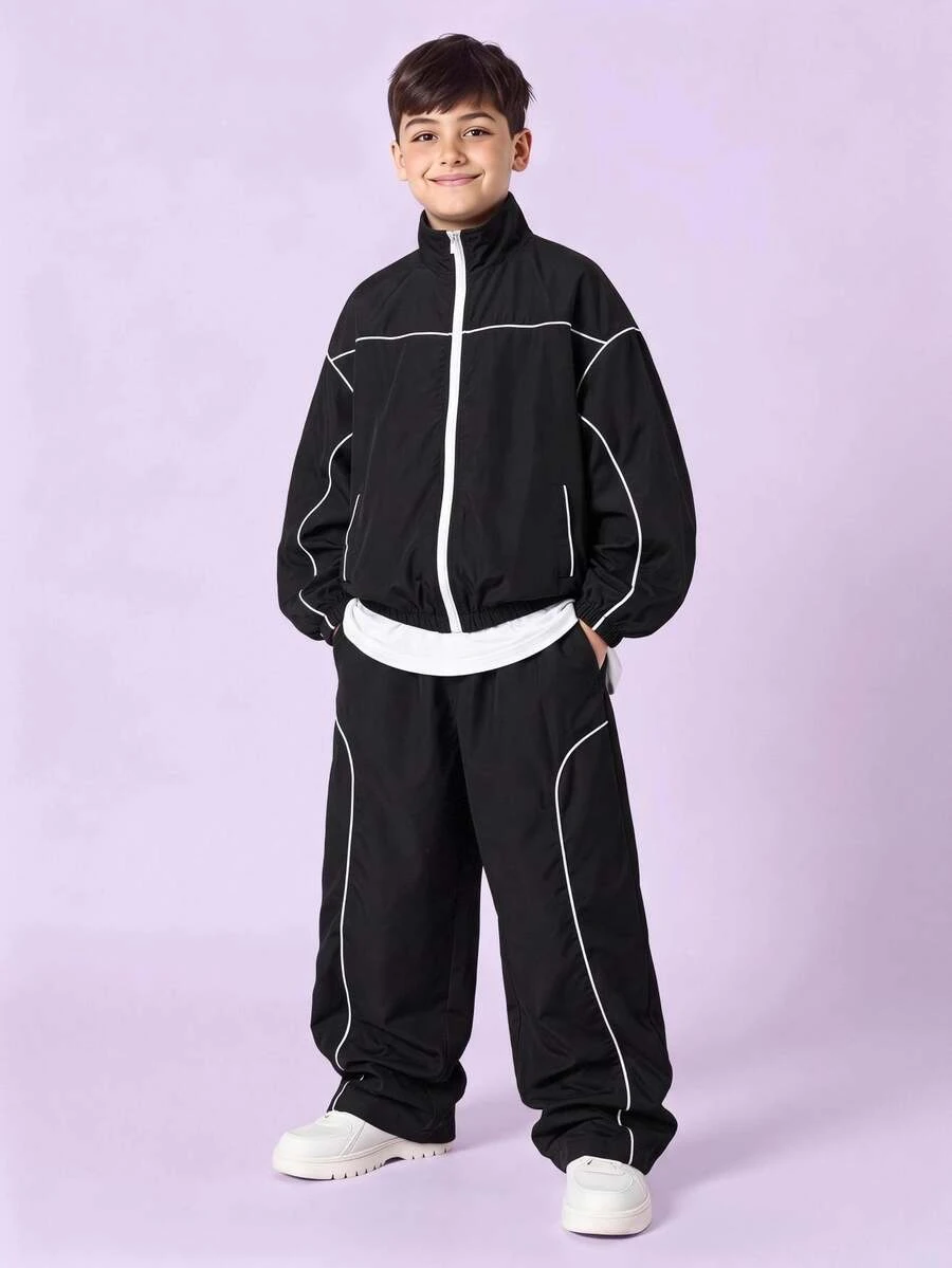 SHEIN 2pcs Kids Tween Boy Casual Sports Pattern Colorblock Stand Collar Jacket & Black Pants Set, Suitable For Fall/Autumn, School, Family Gathering, Vacation, Party, Fall Outfit, Winter Outfit, Boys Outfit Set - Black - View 1