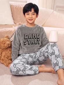 SHEIN 2pcs Kids Tween Boy Casual Daily Versatile Comfortable Embroidered Pattern Flannel Crew Neck Pullover Long Sleeve Top & Loose Cuffed Pajama Pants Loungewear Set - Grey - View 7
