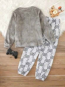 SHEIN 2pcs Kids Tween Boy Casual Daily Versatile Comfortable Embroidered Pattern Flannel Crew Neck Pullover Long Sleeve Top & Loose Cuffed Pajama Pants Loungewear Set - Grey - View 2