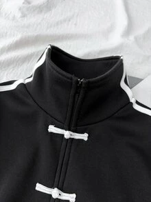 SHEIN 青少年女孩抓絨內裡立領黑色中式盤扣夾克，條紋秋季穿搭，返校季，冬季外套，保暖舒適 - 黑色 - 查看 5