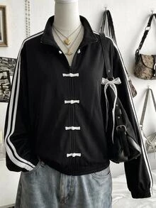 SHEIN 青少年女孩抓絨內裡立領黑色中式盤扣夾克，條紋秋季穿搭，返校季，冬季外套，保暖舒適 - 黑色 - 查看 3