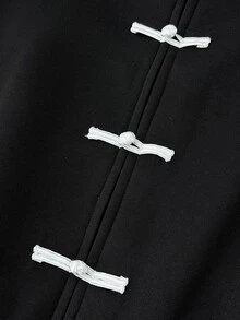 SHEIN 青少年女孩抓絨內裡立領黑色中式盤扣夾克，條紋秋季穿搭，返校季，冬季外套，保暖舒適 - 黑色 - 查看 6