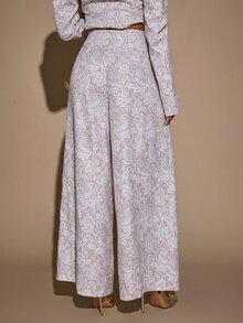 SHEIN BAE 女款蕾絲花卉印花優雅寬腿西裝褲，適合度假派對、聖誕派對 - 杏色 - 查看 4