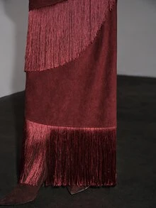 Anewsta Women's New Tassel Asymmetrical Shoulder Pleated Suede Dress, Suitable For Outings, Commuting, Parties, Evening Wear - Burgundy - View 2