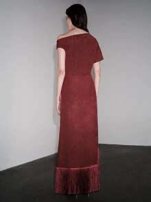Anewsta Women's New Tassel Asymmetrical Shoulder Pleated Suede Dress, Suitable For Outings, Commuting, Parties, Evening Wear - Burgundy - View 7