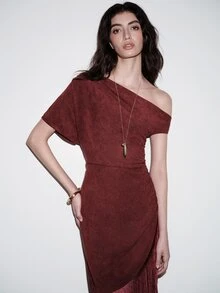 Anewsta Women's New Tassel Asymmetrical Shoulder Pleated Suede Dress, Suitable For Outings, Commuting, Parties, Evening Wear - Burgundy - View 5
