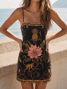 CAJUNI Tropical Vacation Black Floral Boho Mini Dress,Holiday Outfits For Women Beach Summer - Multicolor - View 5