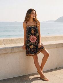CAJUNI Tropical Vacation Black Floral Boho Mini Dress,Holiday Outfits For Women Beach Summer - Multicolor - View 4