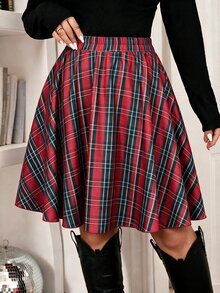 Velvienne Chân váy chữ A kẻ caro đỏ cho nữ size lớn mùa thu/đông - Nhiều màu - Xem 3
