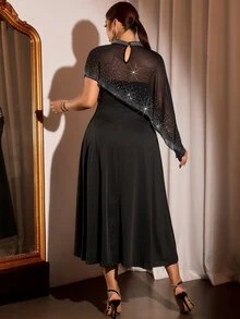 Cravure Plus Size Women's Autumn/Winter New Black Rhinestone Mesh Shawl High Neck Asymmetric Glitter Cape Cinched Cinched Waist Concealing Mid-Length Party Dress - Black - View 2