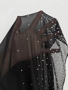 Cravure Plus Size Women's Autumn/Winter New Black Rhinestone Mesh Shawl High Neck Asymmetric Glitter Cape Cinched Cinched Waist Concealing Mid-Length Party Dress - Black - View 8