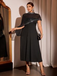 Cravure Plus Size Women's Autumn/Winter New Black Rhinestone Mesh Shawl High Neck Asymmetric Glitter Cape Cinched Cinched Waist Concealing Mid-Length Party Dress - Black - View 5