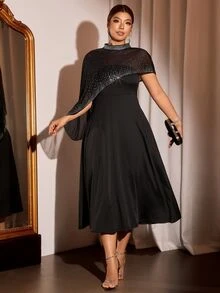 Cravure Plus Size Women's Autumn/Winter New Black Rhinestone Mesh Shawl High Neck Asymmetric Glitter Cape Cinched Cinched Waist Concealing Mid-Length Party Dress - Black - View 4