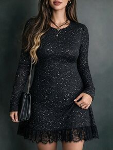 Velvienne Plus Size Sparkly Star Fabric Long Sleeve Lace Hem Elegant Evening Party Dress Fall - Black - View 5