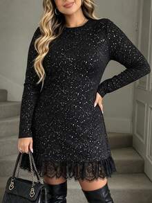 Velvienne Plus Size Sparkly Star Fabric Long Sleeve Lace Hem Elegant Evening Party Dress Fall - Black - View 3