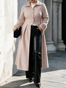 SHEIN LUNE CURVE Women's Plus Size Autumn/Winter Single-Piece Lapel Cuff Fur Trim Cinched Waist Flared Long Coat, Elegant Lady Style Date & Commute Overcoat - Apricot - View 1