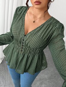 Elenzga Plus Size Women's Olive Green Polka Dot Chiffon Blouse,Elegant Everyday Waist Ruffle Floral Trim Design For Autumn,Prom,Party,Wedding,Date,Graduation - Army Green - View 1