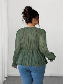Elenzga Plus Size Women's Olive Green Polka Dot Chiffon Blouse,Elegant Everyday Waist Ruffle Floral Trim Design For Autumn,Prom,Party,Wedding,Date,Graduation - Army Green - View 6