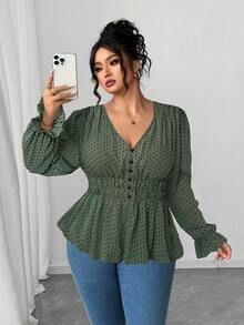 Elenzga Plus Size Women's Olive Green Polka Dot Chiffon Blouse,Elegant Everyday Waist Ruffle Floral Trim Design For Autumn,Prom,Party,Wedding,Date,Graduation - Army Green - View 3