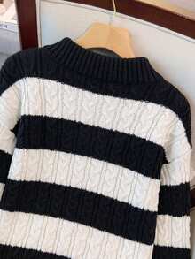 Linhara CURVE Plus Size Women's Autumn/Winter Fashion Elegant Contrast Black & White Striped Cable Knit Long Sleeve Loose Fit Slimming Pullover Sweater, Suitable For Casual, Daily Outings And More - Black and White - View 7