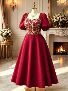 Rometta Plus Size Vintage Celestial Romantic Elegant Square Neck Short Sleeve Summer Dress Dinner Cocktail Formal Parties Women's Burgundy Christmas New Year - Burgundy - View 5