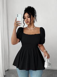 Elenzga Plus Size Fashionable Pleated Blouse Top For Women, Square Collar Elegant Versatile Waist Fitted Stylish Shirt - Black - View 8