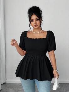 Elenzga Plus Size Fashionable Pleated Blouse Top For Women, Square Collar Elegant Versatile Waist Fitted Stylish Shirt - Black - View 6
