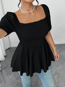 Elenzga Plus Size Fashionable Pleated Blouse Top For Women, Square Collar Elegant Versatile Waist Fitted Stylish Shirt - Black - View 5