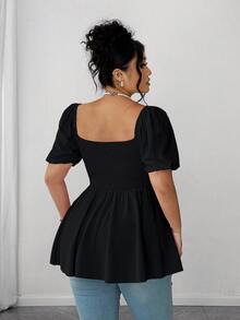 Elenzga Plus Size Fashionable Pleated Blouse Top For Women, Square Collar Elegant Versatile Waist Fitted Stylish Shirt - Black - View 2