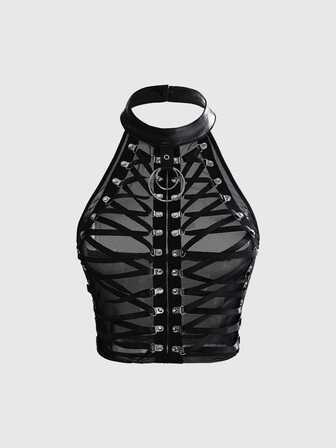 Gothic Punk Metal Buckle Lace-Up Design Sheer Fitted Cropped Tank Top