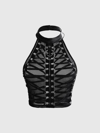 Gothic Punk Metal Buckle Lace-Up Design Sheer Fitted Cropped Tank Top