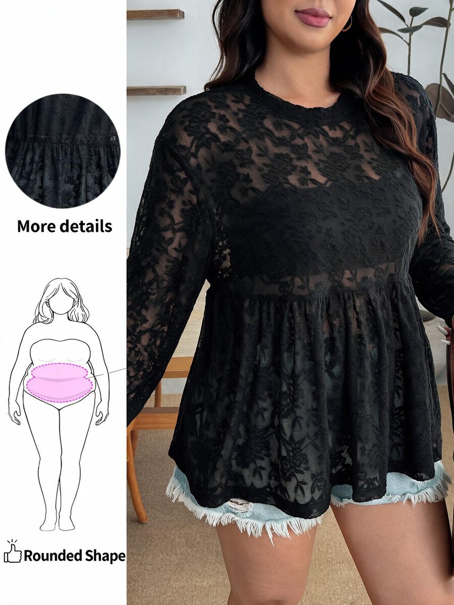 Enliva Plus-Size Women's Casual Loose Basic Long-Sleeved T-Shirt, Semi-Transparent LaceApple,Rounded Body - Black - View 1